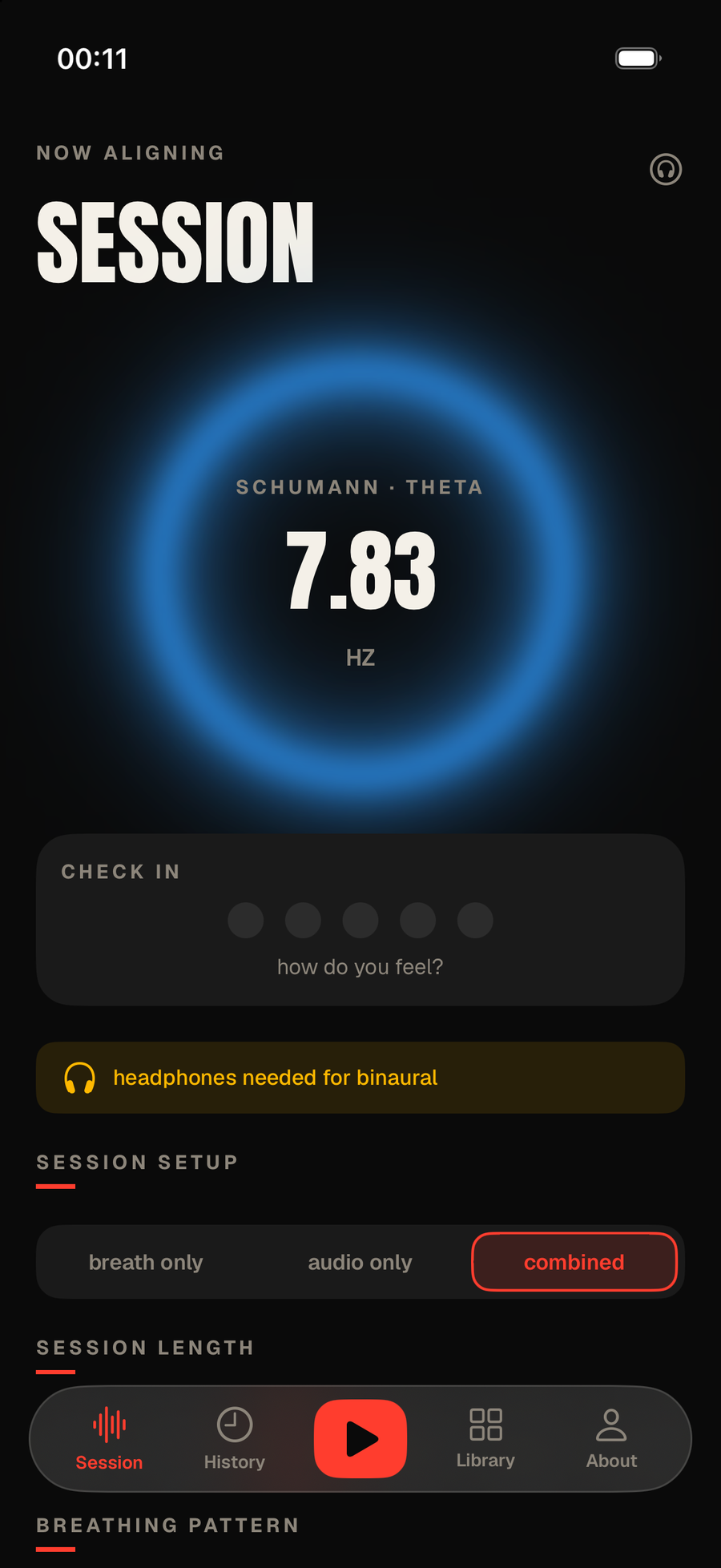 The Radical Attune session screen at rest: a 7.83 Hz Schumann · theta dial, a check-in row, a notice that headphones are needed for binaural, and a breath-only / audio-only / combined selector.