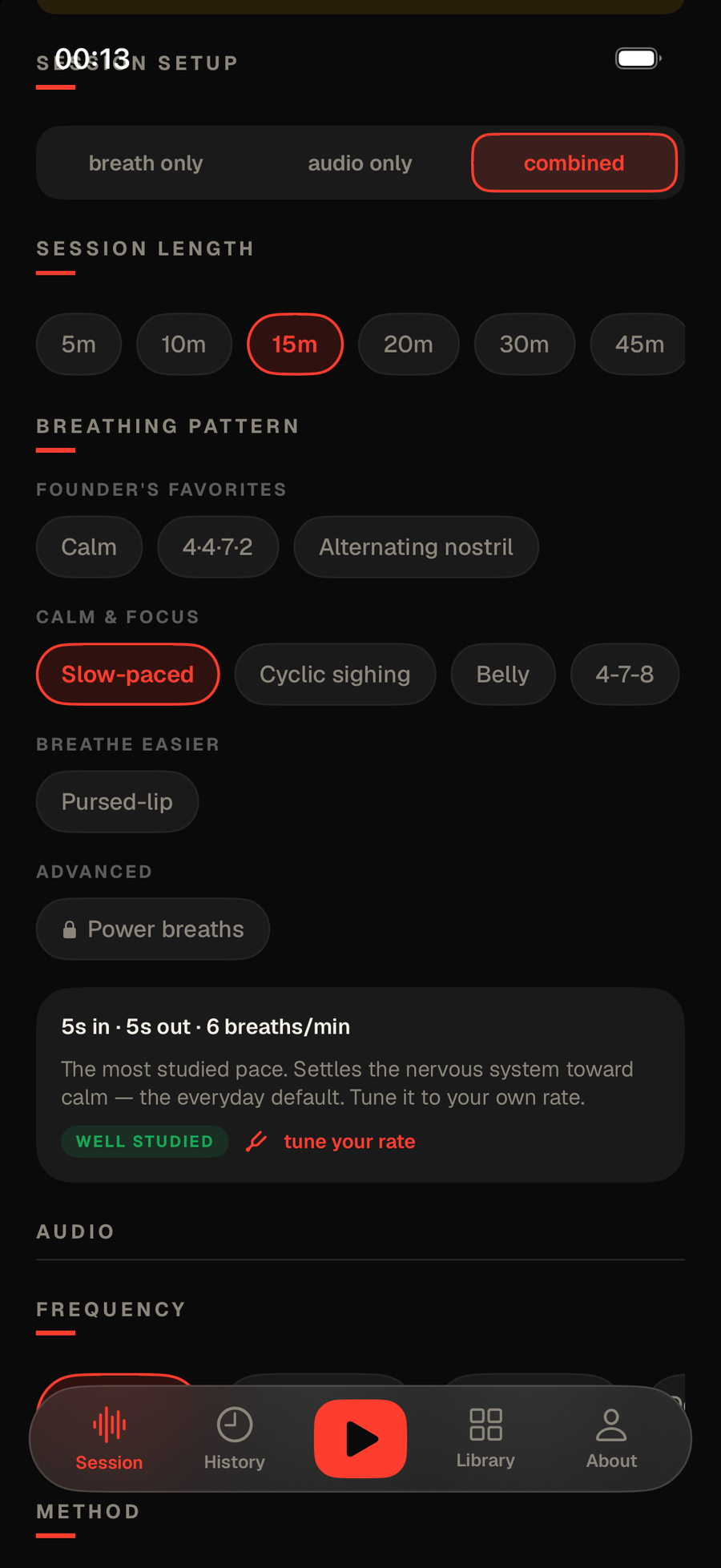 Radical Attune's pattern picker, grouped into Founder's favorites, Calm & focus, Breathe easier and Advanced, with Power breaths shown locked behind its safety gate.