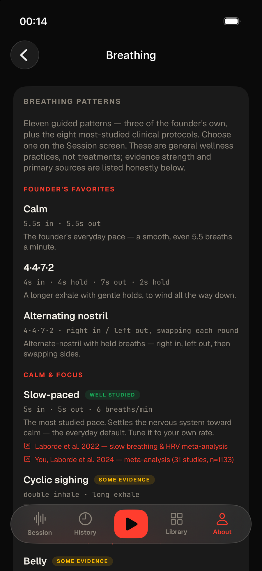 Radical Attune's in-app breathing evidence board: a preamble describing the eleven guided patterns, the founder's favourites marked ungraded, and researched patterns badged Well studied or Some evidence with tappable citations.