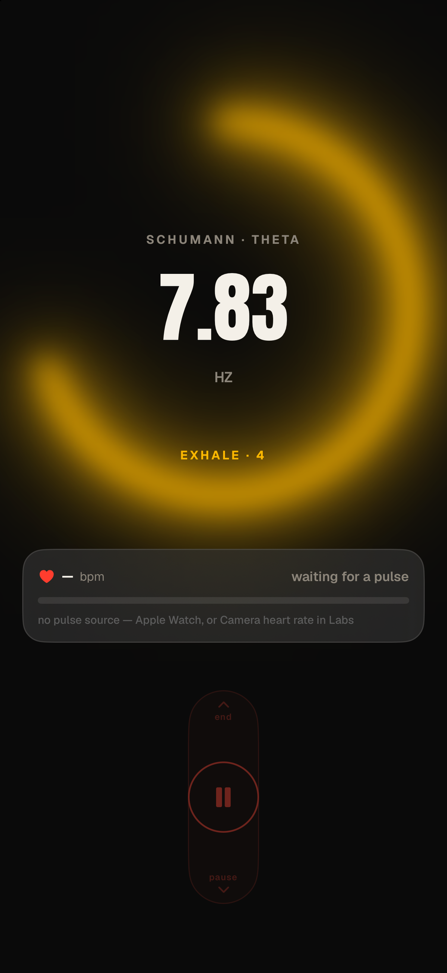 A running Radical Attune session on iPhone: an amber exhale arc sweeping the screen, the cue EXHALE · 4, a 7.83 Hz Schumann · theta tone, and a live pulse card reading “waiting for a pulse — no pulse source”.