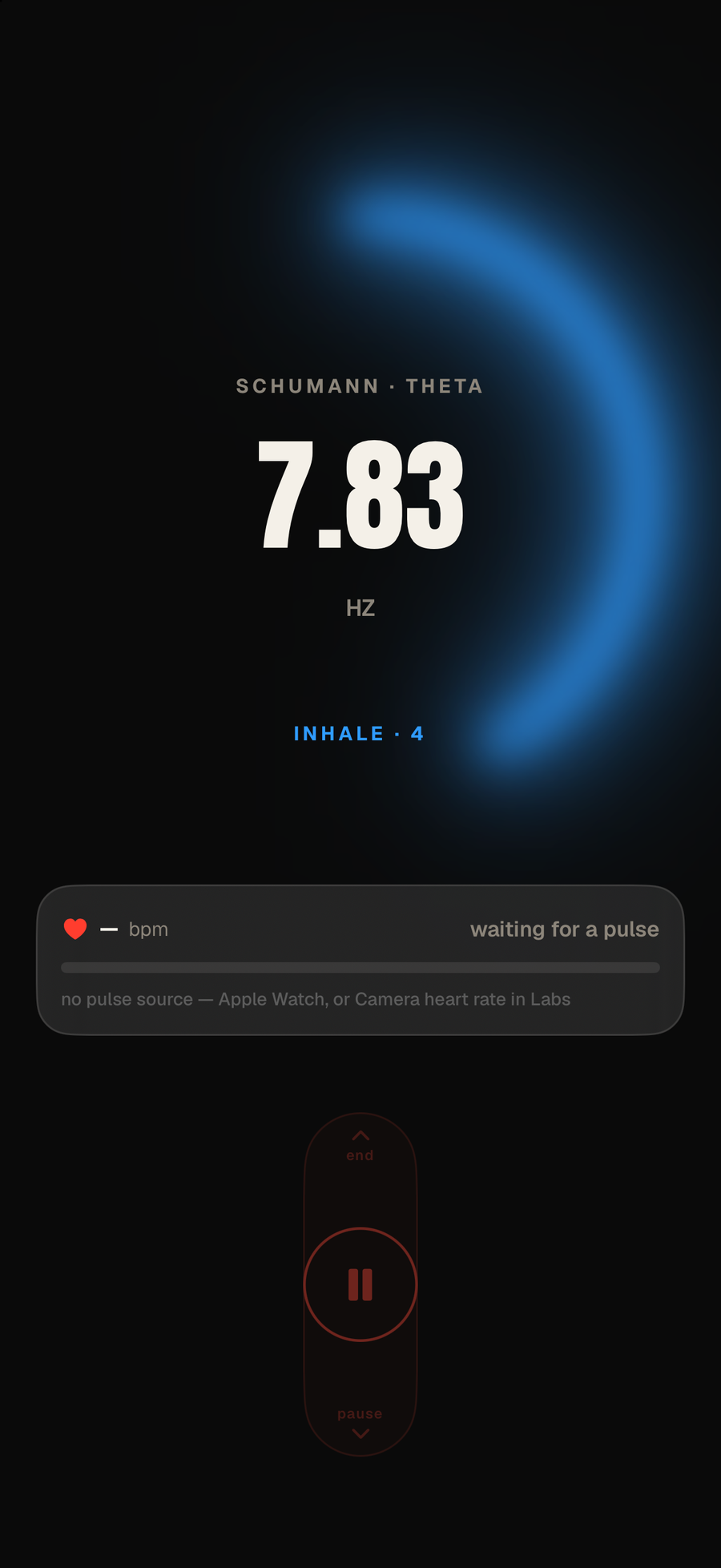 A running Radical Attune session showing a blue inhale arc and the cue INHALE · 4 beneath the 7.83 Hz readout.