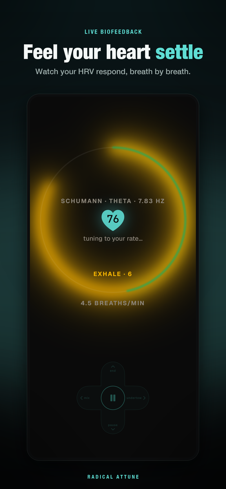 A running session with a live heart rate of 76, an amber exhale arc, and 4.5 breaths per minute — live biofeedback.