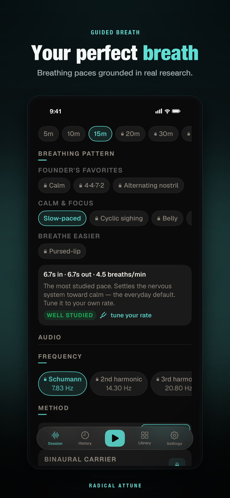 Session setup listing the guided breathing patterns with their evidence grades, and the frequency presets.