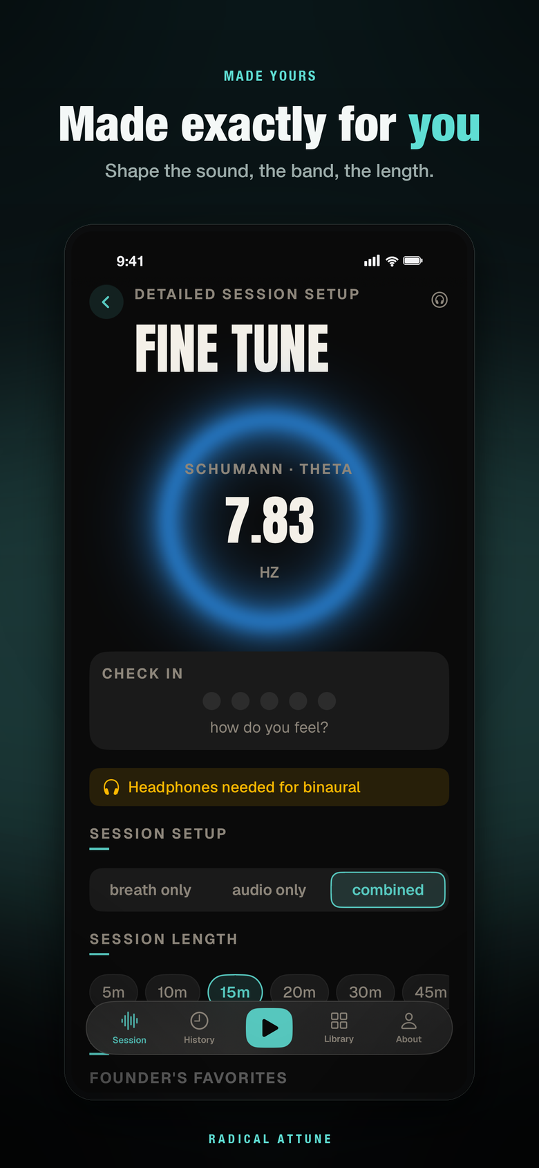 The Fine Tune screen — breath only, audio only or combined, session length, and a mood check-in.