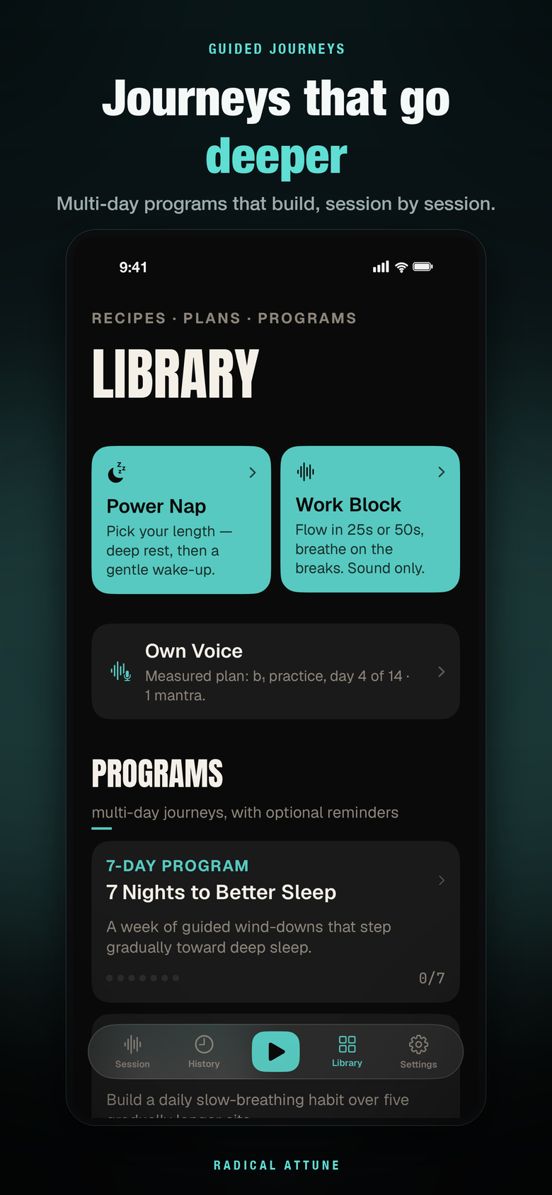 The Library — Power Nap and Work Block tiles, Own Voice, and multi-day programs such as 7 Nights to Better Sleep.