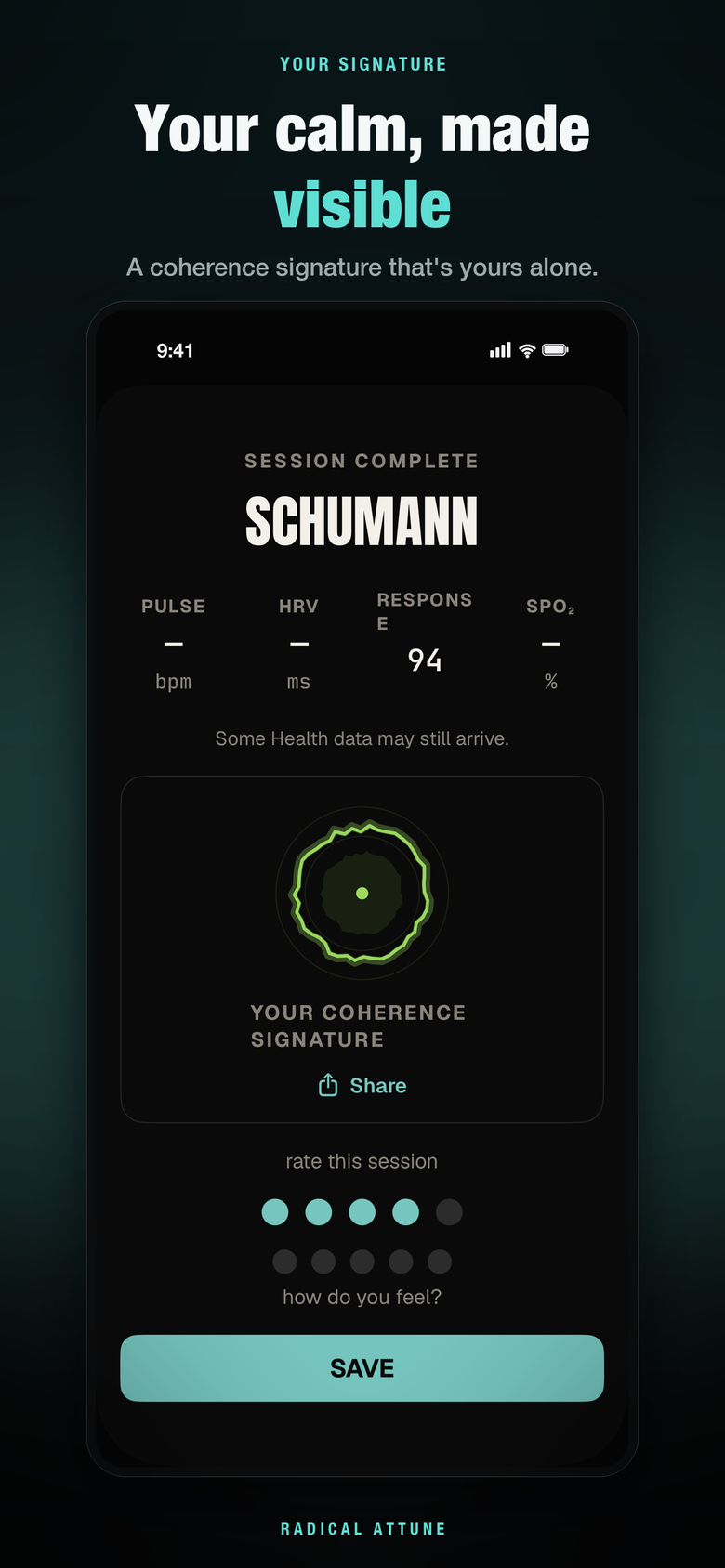 A completed session with your one-of-a-kind coherence signature glyph and a rating step.
