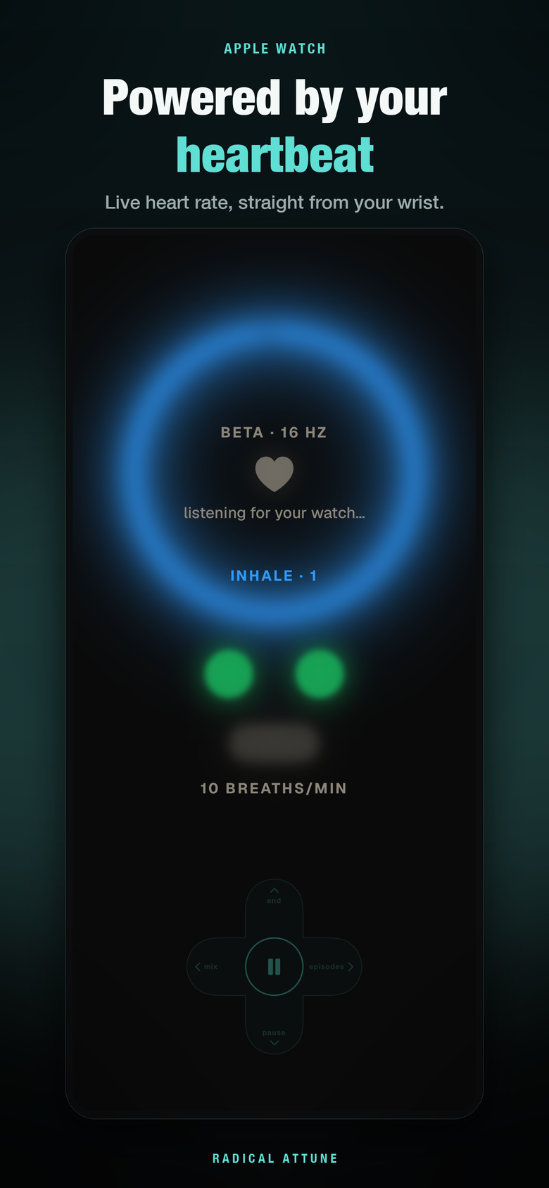 A running session listening for live heart rate from an Apple Watch, showing a beta 16 Hz tone.