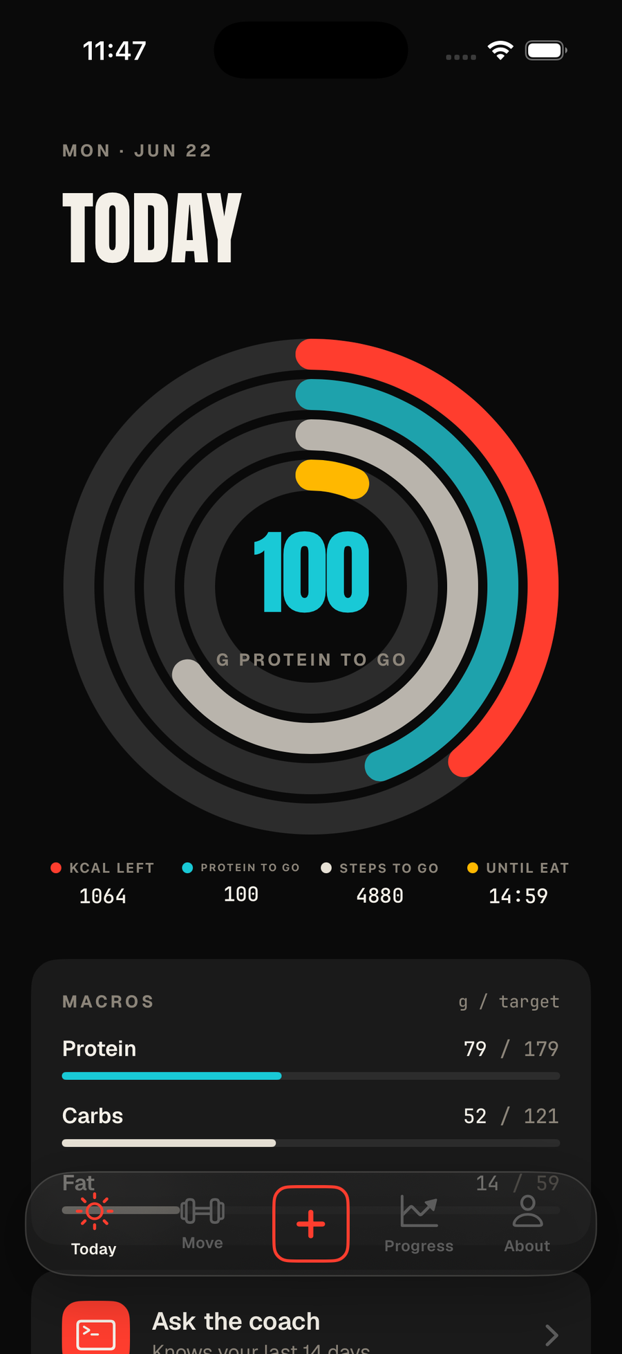 The Radical Fat Loss Today screen — four live rings for calories, protein, steps and the eating window, with today's macros and the coach.
